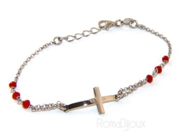 RMB|Rosary bracelet male female 925 silver convex cross and red crystal. mis 19,00