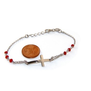 RMB|Bracciale rosario uomo donna in Argento 925 croce convessa e cristallo rosso . Mis 19,00