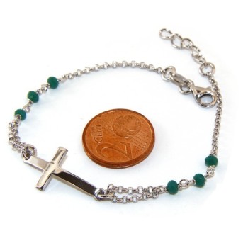 RMB|Rosary bracelet male female 925 silver  convex cross and green crystal. cm 16.50 18.50