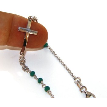 RMB|Rosary bracelet male female 925 silver  convex cross and green crystal. cm 16.50 18.50