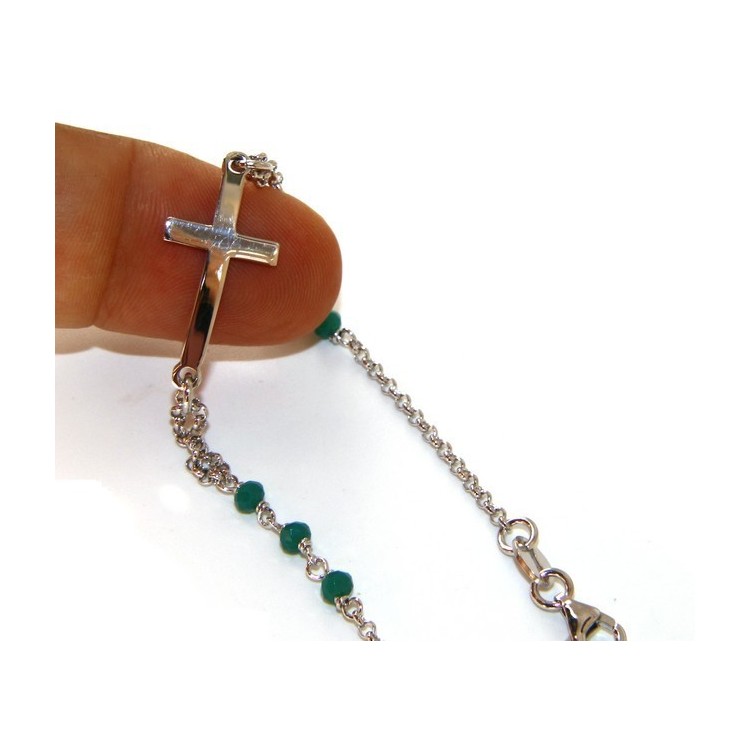 RMB|Rosary bracelet male female 925 silver  convex cross and green crystal. cm 16.50 18.50