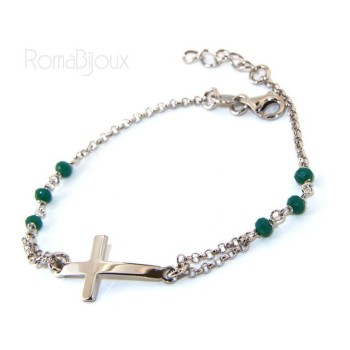 RMB|Bracciale rosario uomo donna in Argento 925 croce convessa e cristallo verde . cm 16,50 18,50