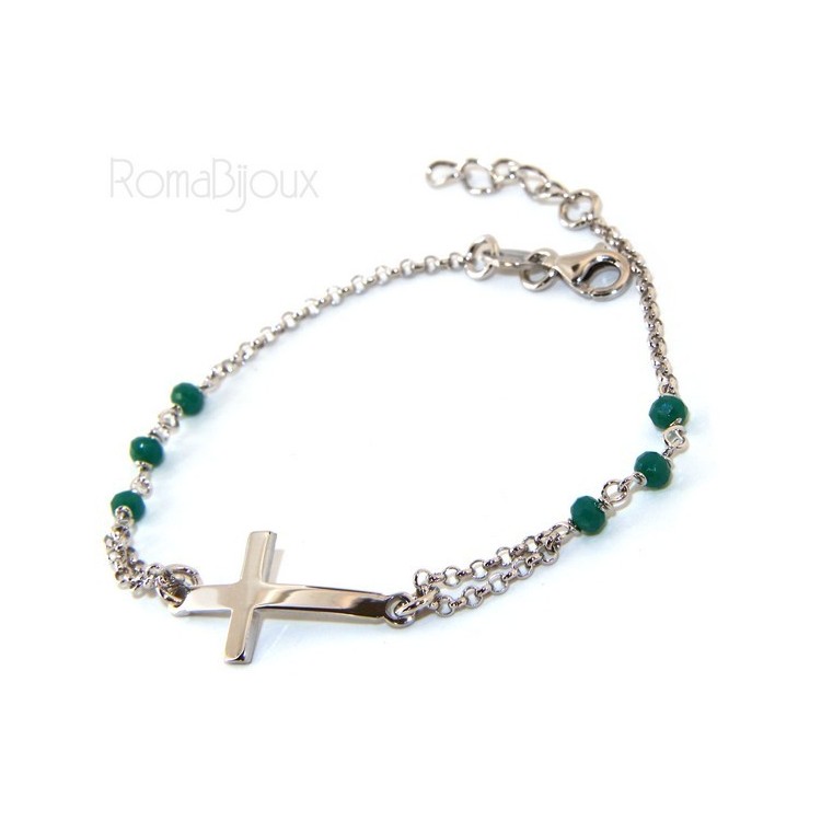 RMB|Bracciale rosario uomo donna in Argento 925 croce convessa e cristallo verde . cm 16,50 18,50