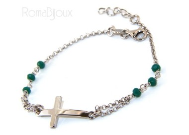 RMB|Bracciale rosario uomo donna in Argento 925 croce convessa e cristallo verde . cm 16,50 18,50