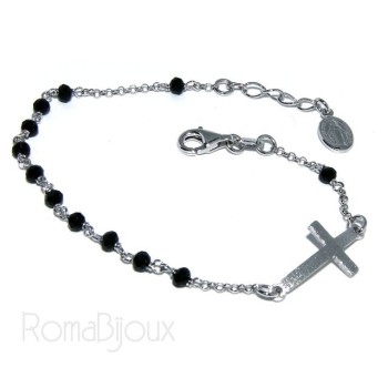 RMB|Bracelet rosary man in 925 madonna miraculous satin convex cross and black crystal. 18-20 cm