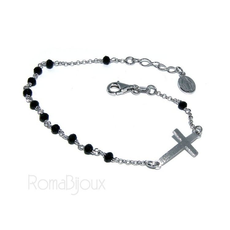 RMB|Bracciale rosario uomo in Argento 925 madonna miracolosa croce convessa satinata e cristallo nero . cm 18-20