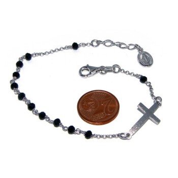 RMB|Bracciale rosario uomo in Argento 925 madonna miracolosa croce convessa satinata e cristallo nero . cm 18-20