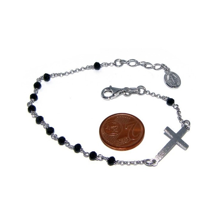 RMB|Bracciale rosario uomo in Argento 925 madonna miracolosa croce convessa satinata e cristallo nero . cm 18-20