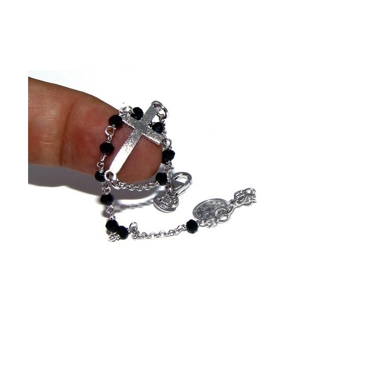 RMB|Bracelet rosary man in 925 madonna miraculous satin convex cross and black crystal. 18-20 cm