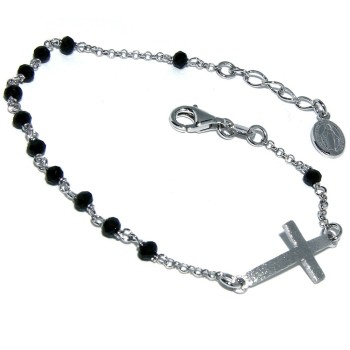 RMB|925 silver rosary bracelet miraculous madonna satin convex cross and black crystal 18-20 cm