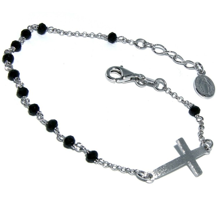 RMB|rosario Argento 925 bracciale madonna miracolosa croce convessa satinata e cristallo nero cm 18-20