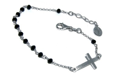 RMB|925 silver rosary bracelet miraculous madonna satin convex cross and black crystal 18-20 cm