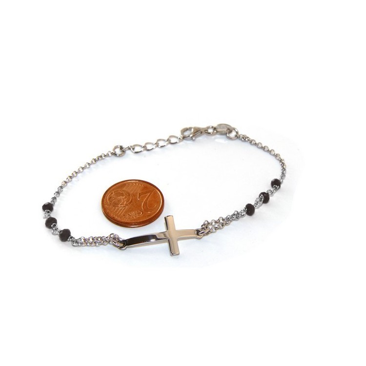 RMB|Rosary bracelet male female 925 silver  convex cross and black crystal. cm 16.50 18.50