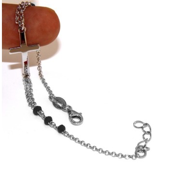 RMB|Bracciale rosario uomo donna in Argento 925 croce convessa e cristallo nero . cm 16,50 18,50
