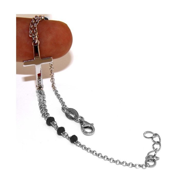 RMB|Rosary bracelet male female 925 silver  convex cross and black crystal. cm 16.50 18.50