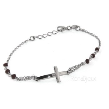RMB|Bracciale rosario uomo donna in Argento 925 croce convessa e cristallo nero . cm 16,50 18,50