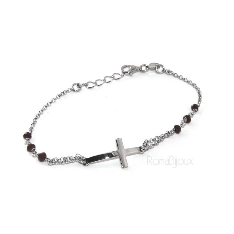RMB|Bracciale rosario uomo donna in Argento 925 croce convessa e cristallo nero . cm 16,50 18,50