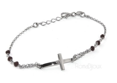 RMB|Rosary bracelet male female 925 silver  convex cross and black crystal. cm 16.50 18.50