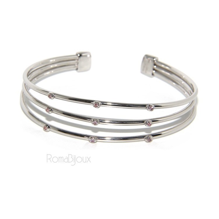 RMB|ARGENTO 925 : Bracciale donna schiava aperto 3 file zirconi rosa naturali brillante