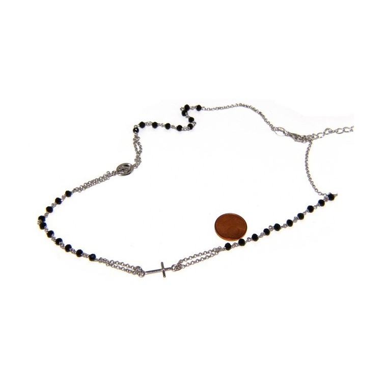 RMB|Rosary Necklace 925 Silver Man With black crystal cross and madonna 45 + 5 cm