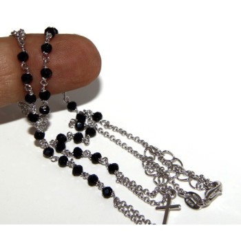 RMB|Rosary Necklace 925 Silver Man With black crystal cross and madonna 45 + 5 cm