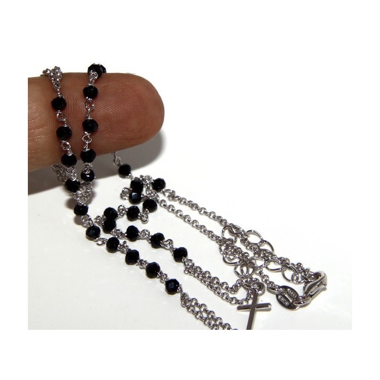 RMB|Rosary Necklace 925 Silver Man With black crystal cross and madonna 45 + 5 cm