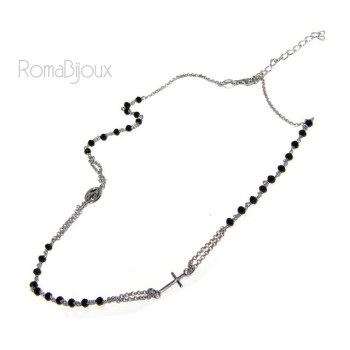 RMB|Rosary Necklace 925 Silver Man With black crystal cross and madonna 45 + 5 cm