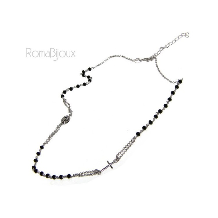 RMB|Rosary Necklace 925 Silver Man With black crystal cross and madonna 45 + 5 cm