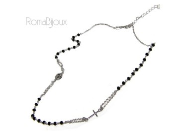 RMB|Rosary Necklace 925 Silver Man With black crystal cross and madonna 45 + 5 cm
