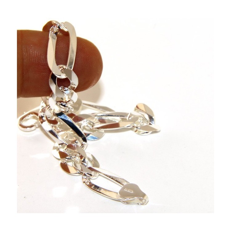 RMB|ARGENTO 925 : Bracciale uomo massiccio catena da 8,5 mm figaro 3 + 1 sbiancata 21 cm