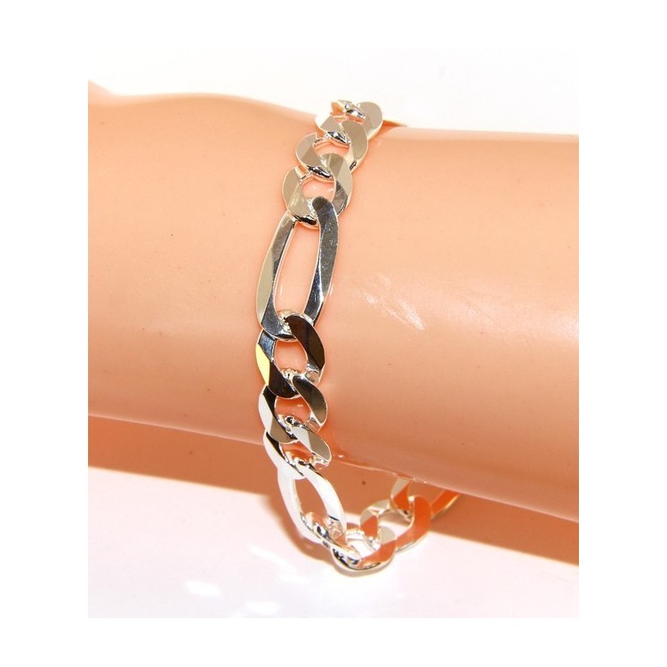 RMB|ARGENTO 925 : Bracciale uomo massiccio catena da 8,5 mm figaro 3 + 1 sbiancata 21 cm