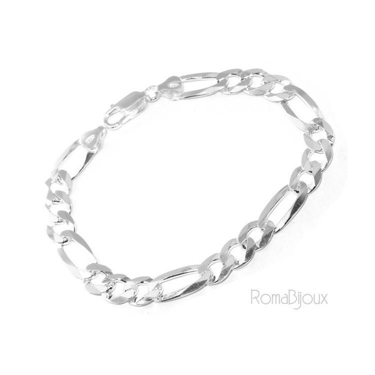 RMB|ARGENTO 925 : Bracciale uomo massiccio catena da 8,5 mm figaro 3 + 1 sbiancata 21 cm