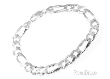 RMB|ARGENTO 925 : Bracciale uomo massiccio catena da 8,5 mm figaro 3 + 1 sbiancata 21 cm