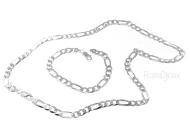 RMB|ARGENTO 925 : Collana o Bracciale uomo catena da 7,5 mm figaro 3 + 1 sbiancata