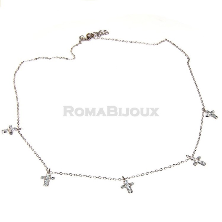 RMB|Argento 925 : Collana Collier donna 5 pendenti a giro croce con pavè zirconi aquamarine light