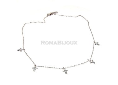 RMB|Argento 925 : Collana Collier donna 5 pendenti a giro croce con pavè zirconi aquamarine light