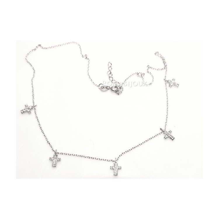 RMB|Argento 925 : Collana Collier donna 5 pendenti a giro croce con pavè zirconi aquamarine light