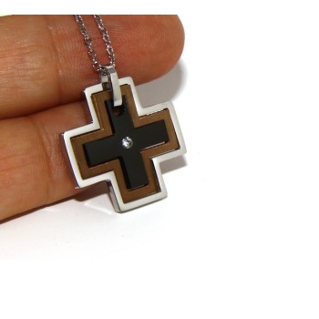 RMB|Collana croce acciaio puzzle tre colori zircone bianco da uomo smontabile