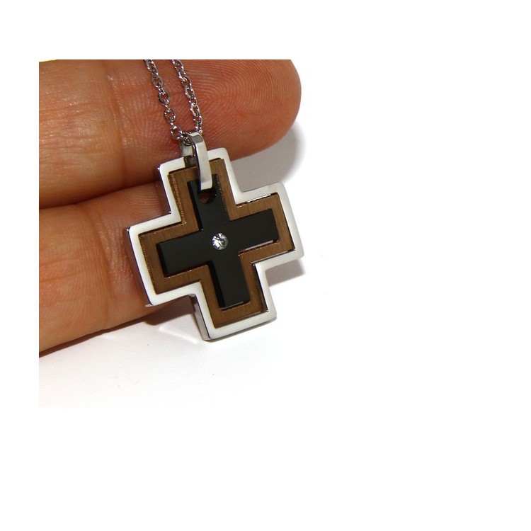 RMB|Steel hypoallergenic: Exclusive necklace © NALBORI rolo 'cross pendant puzzle 3 colors zircon