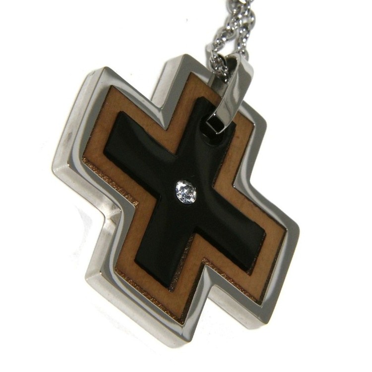 RMB|Three-color puzzle steel cross necklace with white zircon for men