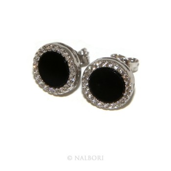RMB|Argento 925 : coppia di orecchini 10mm uomo donna bottone cerchio nero pavè zirconi