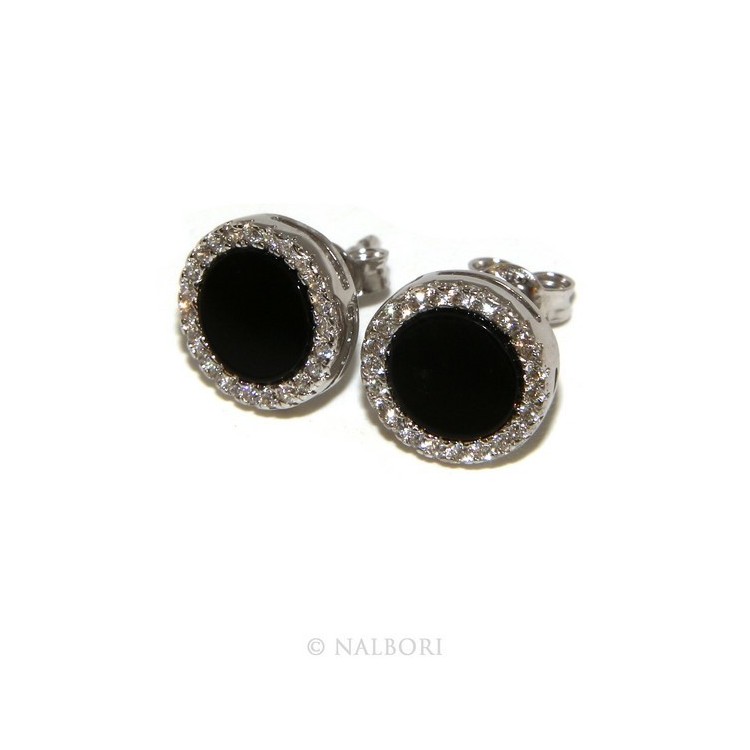 RMB|Argento 925 : coppia di orecchini 10mm uomo donna bottone cerchio nero pavè zirconi