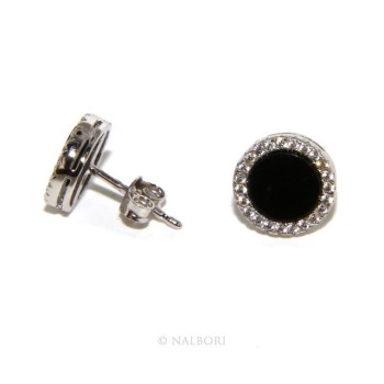 RMB|Stamped 925 silver : one pair of earrings 10mm man woman button black circle zirconia