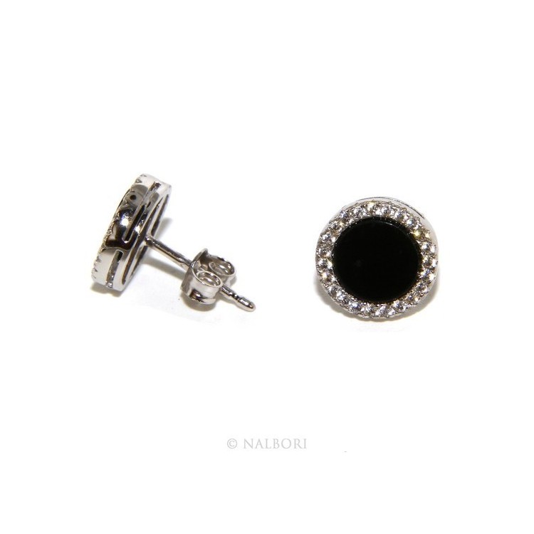 RMB|Stamped 925 silver : one pair of earrings 10mm man woman button black circle zirconia