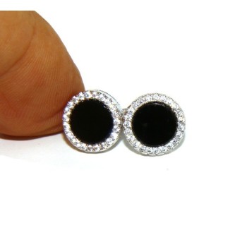 RMB|Argento 925 : coppia di orecchini 10mm uomo donna bottone cerchio nero pavè zirconi
