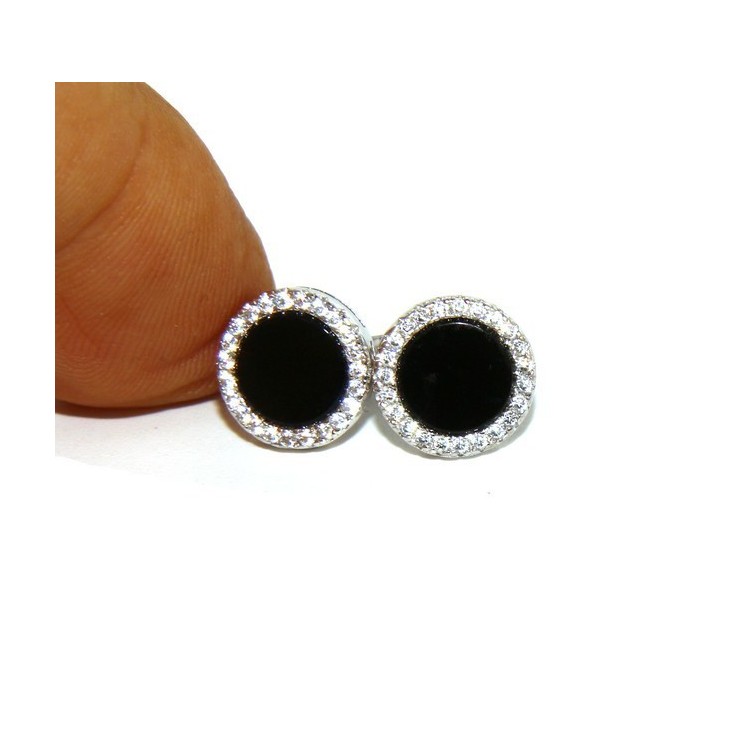 RMB|Argento 925 : coppia di orecchini 10mm uomo donna bottone cerchio nero pavè zirconi