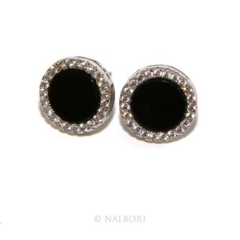 RMB|Argento 925 : coppia di orecchini 10mm uomo donna bottone cerchio nero pavè zirconi