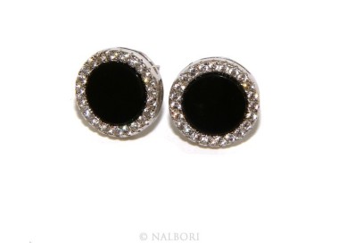 RMB|Stamped 925 silver : one pair of earrings 10mm man woman button black circle zirconia
