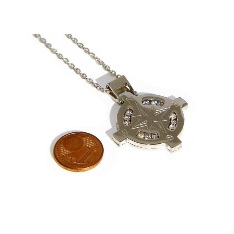 RMB|Stainless steel: Exclusive necklace rolo 'man rose pendant woman winds 12 white cubic zirconia