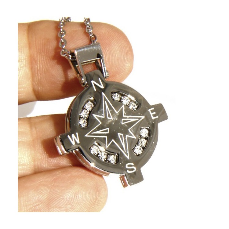 RMB|Stainless steel: Exclusive necklace rolo 'man rose pendant woman winds 12 white cubic zirconia